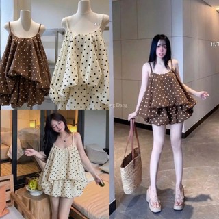 Set Bộ Đồ Nữ Chấm Bi Áo 2 Dây Tết Bí Phồng 2 Lớp Kèm Chân Váy Ngắn Dáng Bí