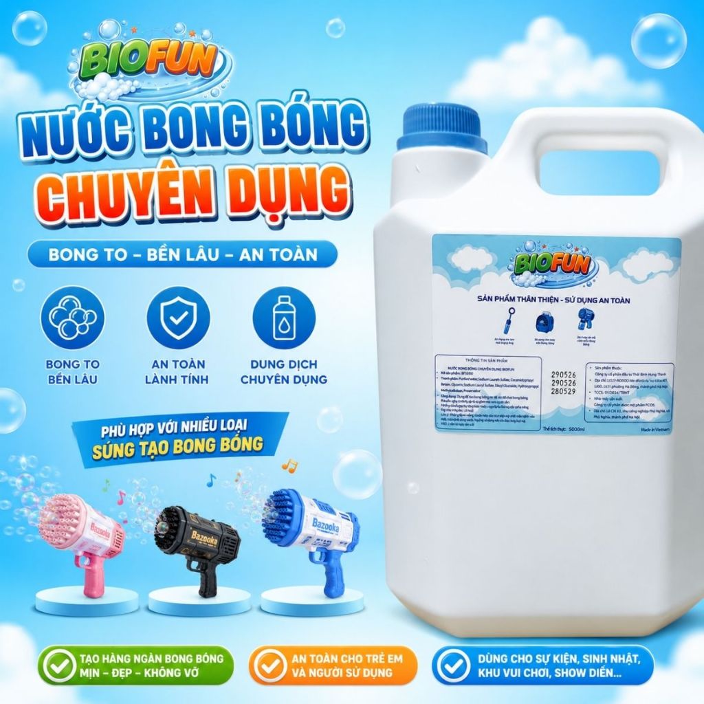 Nước bong bóng chuyên dụng BIOFUN dùng cho máy thổi sự kiện và đồ chơi trẻ em Bubble  can 5 lít