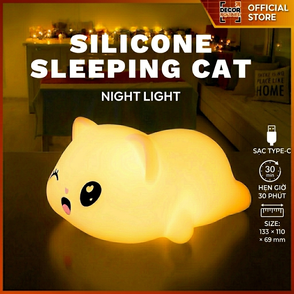 Đèn Ngủ Silicon Mèo Nằm Sạc Pin Hẹn Giờ DecorSquare - 3 Mức Sáng Dịu Quà Tặng Bé Decor Phòng Ngủ