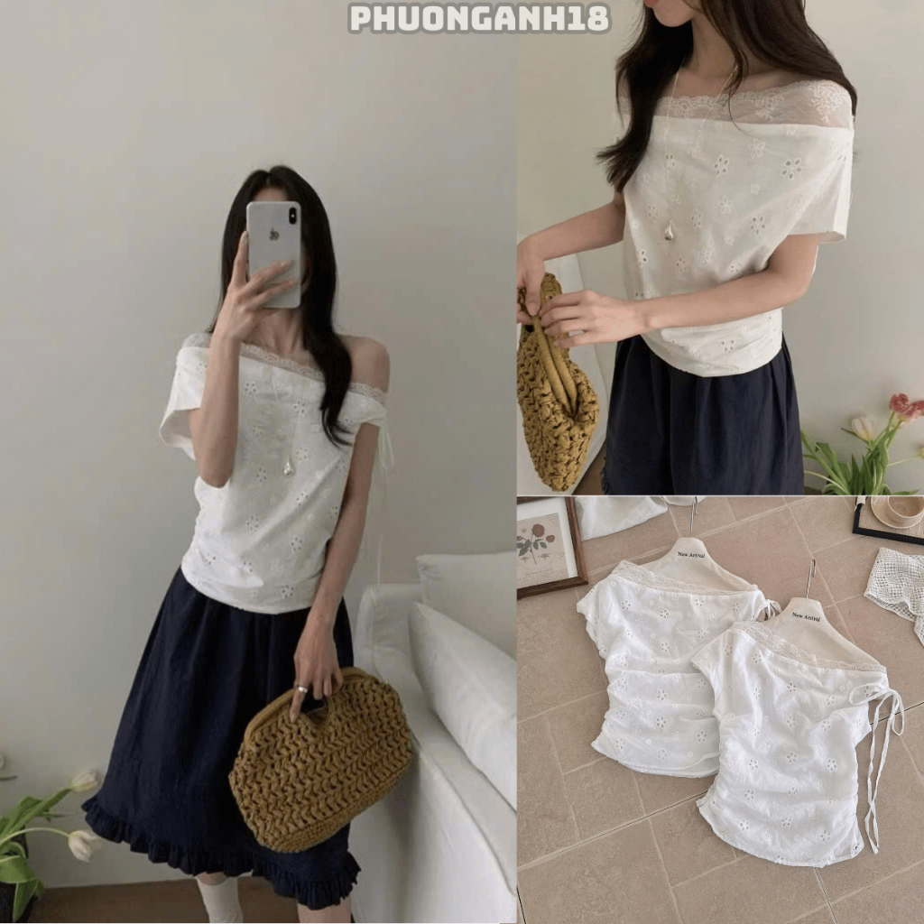 Áo sơmi phối ren lệch vai hàng QC chất ren thô boi 5691 A216
