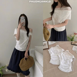Áo sơmi phối ren lệch vai hàng QC chất ren thô boi 5691 A216