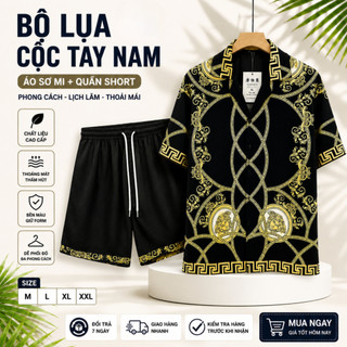 bộ sơ mi cộc tay siêu thoáng mát nam chất vải in họa tiết cao cấp, áo cộc tay dáng suông mặc mùa hè N64