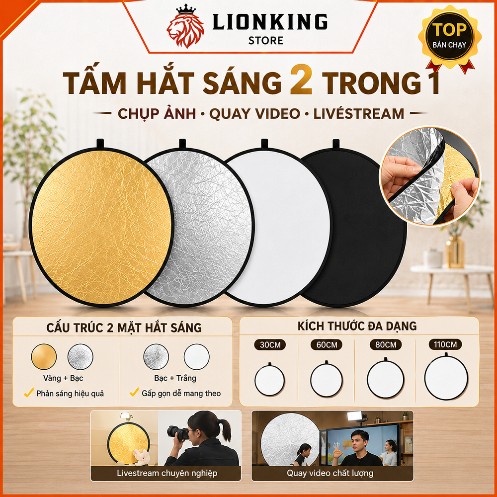 Tấm hắt sáng phản quang tròn 2in1 size 30/60/80/110cm Hỗ Trợ Livestream, chụp ảnh LionKingStore