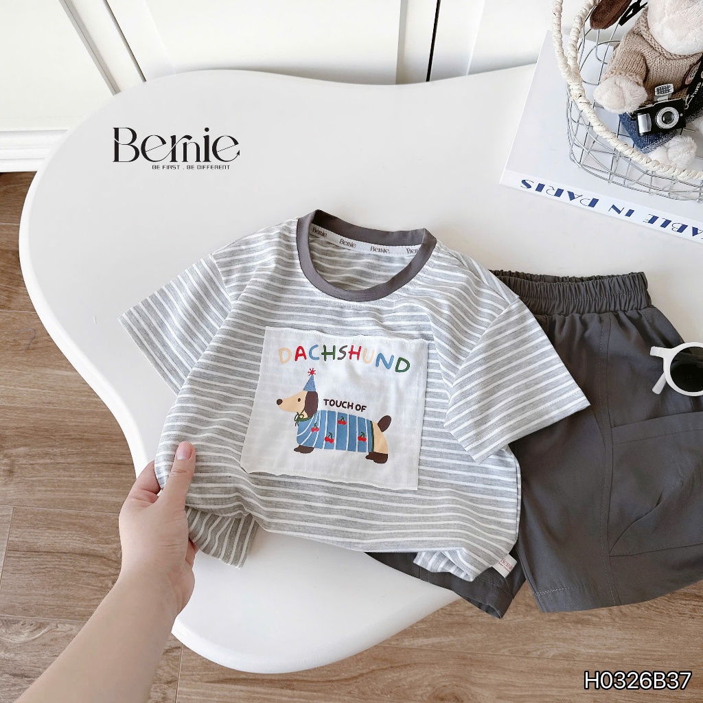 Bộ cotton kẻ in hình chú chó tính nghịch, bô thun áo cotton quần kaki cá tính cho bé trai