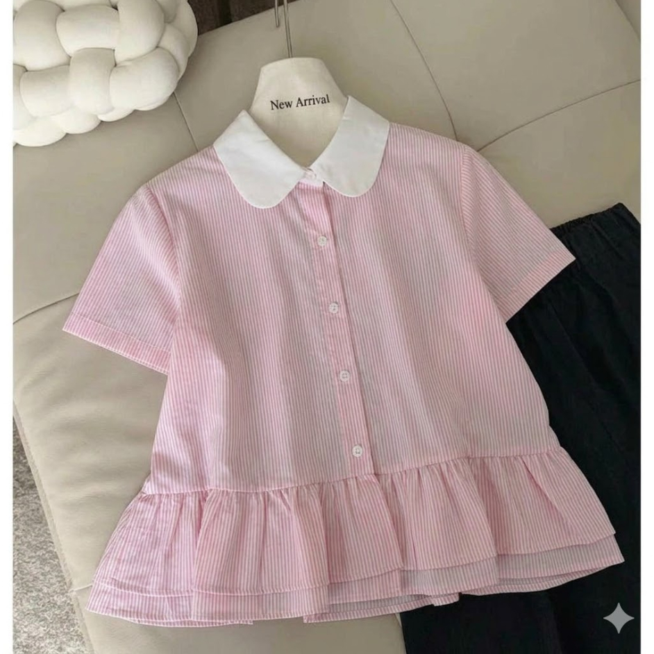 Áo Sơ Mi Nữ Kiểu Babydoll Cổ Sen Ngắn Tay Kẻ Sọc Oxford, Áo Sơ Mi Croptop Form Rộng Basic Phong Cách Hàn Quốc | BigBuy360 - bigbuy360.vn