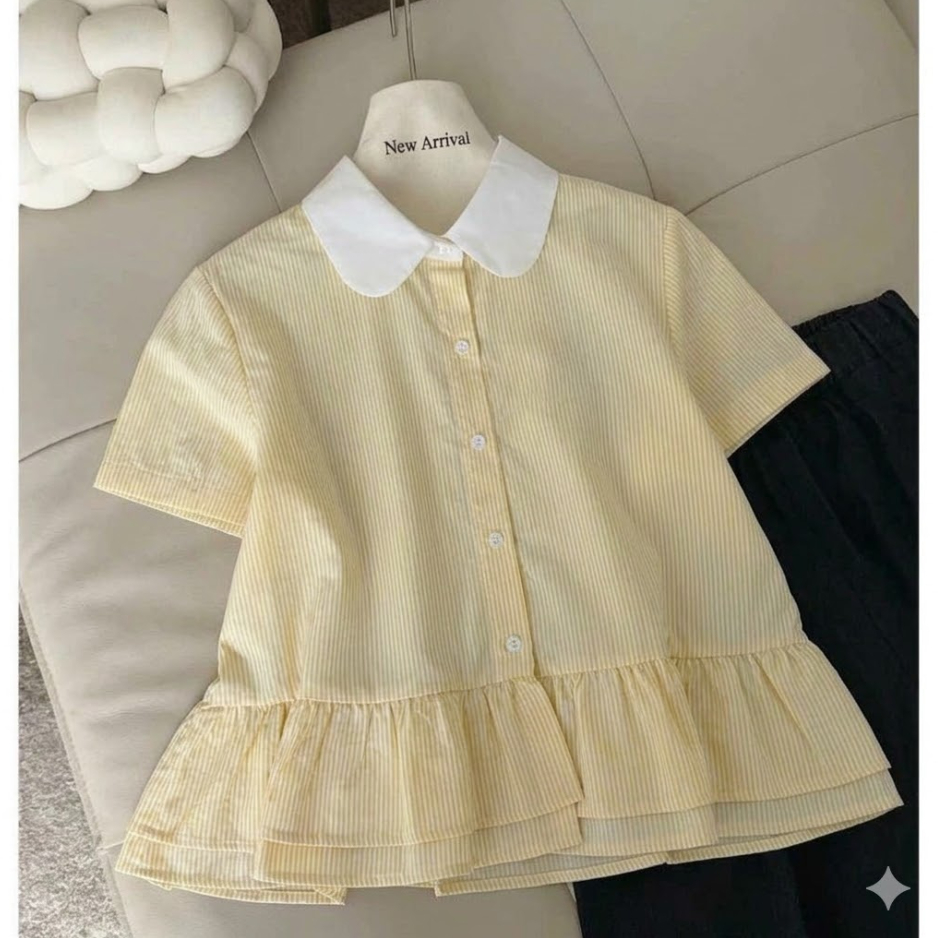 Áo Sơ Mi Nữ Kiểu Babydoll Cổ Sen Ngắn Tay Kẻ Sọc Oxford, Áo Sơ Mi Croptop Form Rộng Basic Phong Cách Hàn Quốc | BigBuy360 - bigbuy360.vn