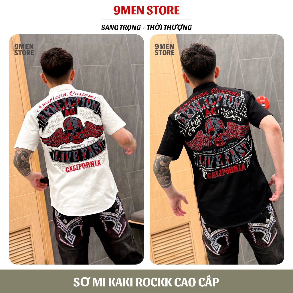 (COMBO ROCK VIP)Sơ Mi + Jeans Rock Dài Nam Thêu Họa Tiết Đắp Da Chỉ Nổi Sang Trọng Nút KIm Loại D1