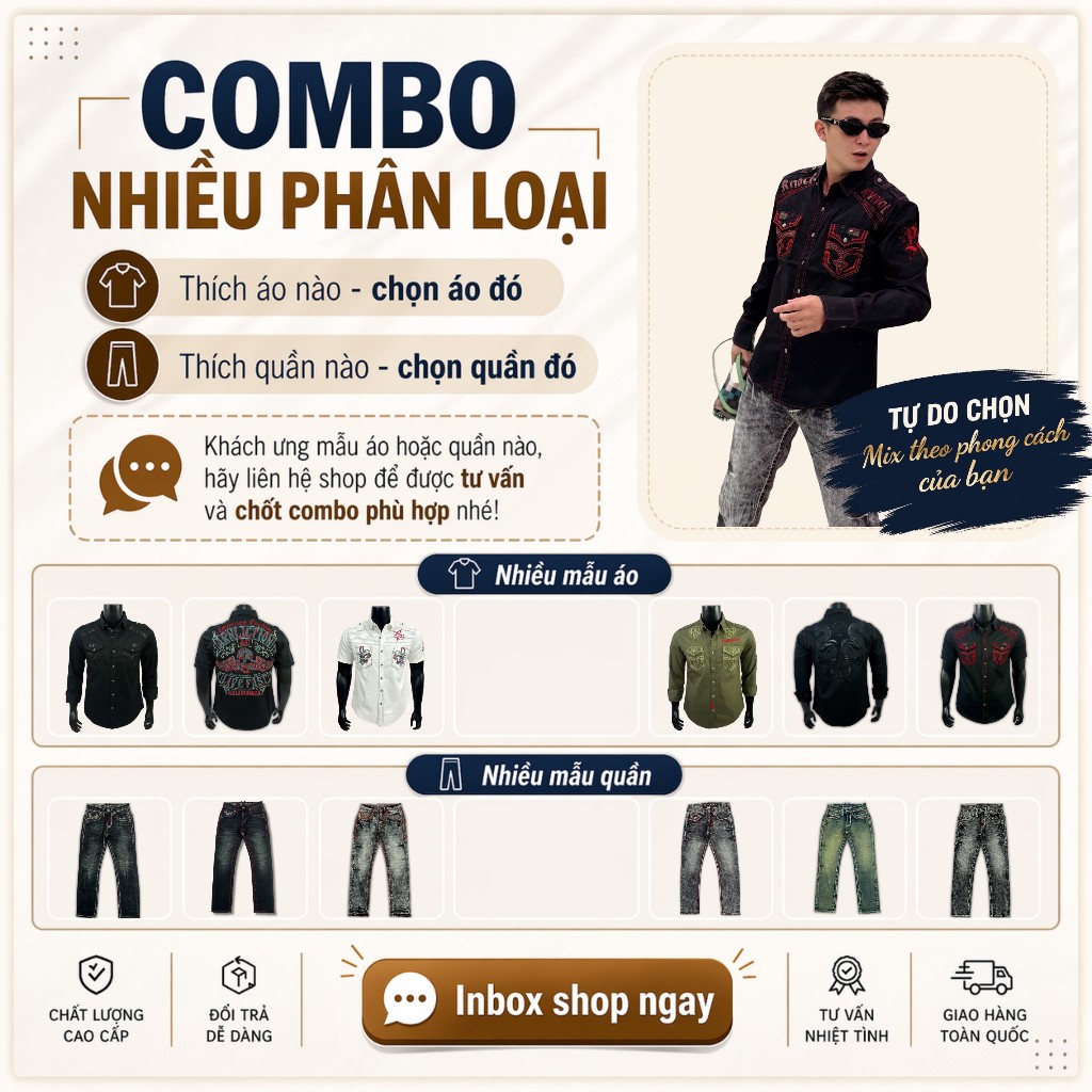 (COMBO ROCK VIP)Sơ Mi + Jeans Rock Dài Nam Thêu Họa Tiết Đắp Da Chỉ Nổi Sang Trọng Nút KIm Loại D1