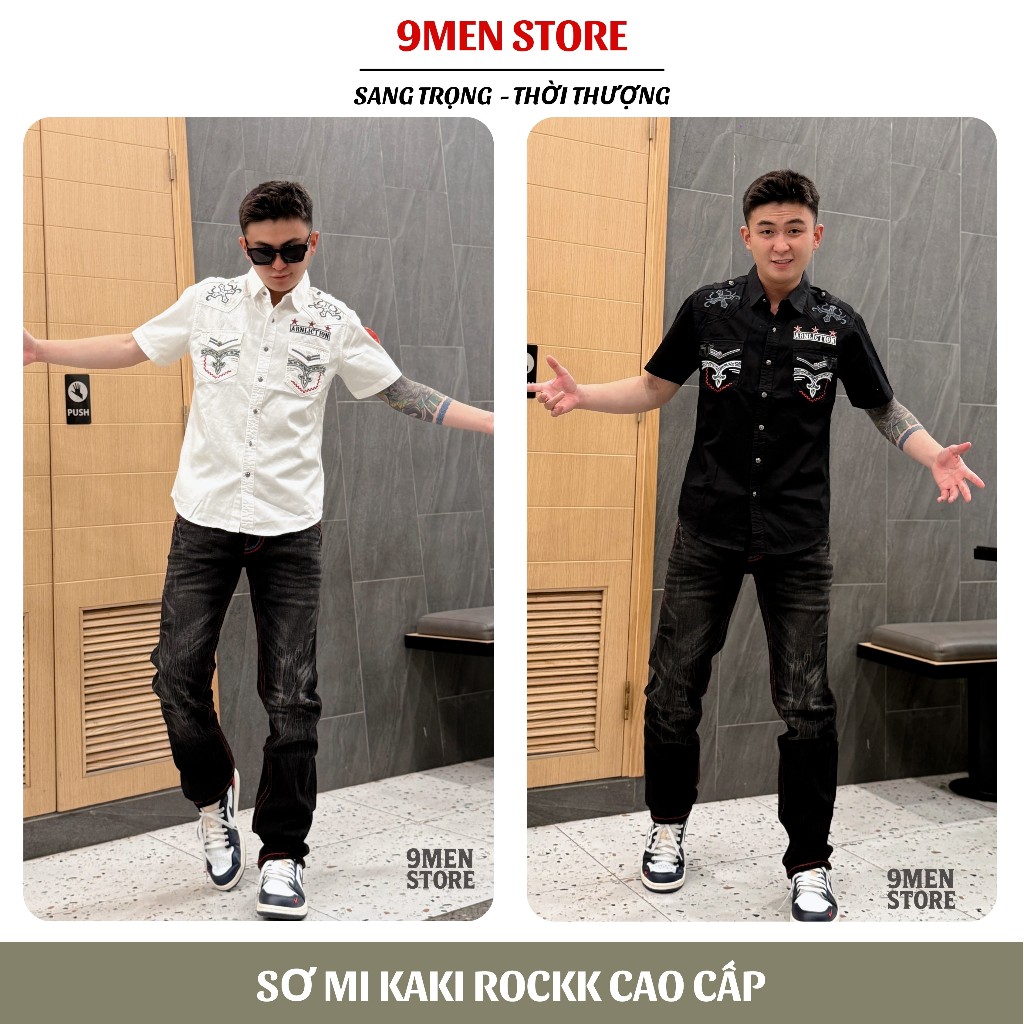 (COMBO ROCK VIP)Sơ Mi + Jeans Rock Dài Nam Thêu Họa Tiết Đắp Da Chỉ Nổi Sang Trọng Nút KIm Loại D1