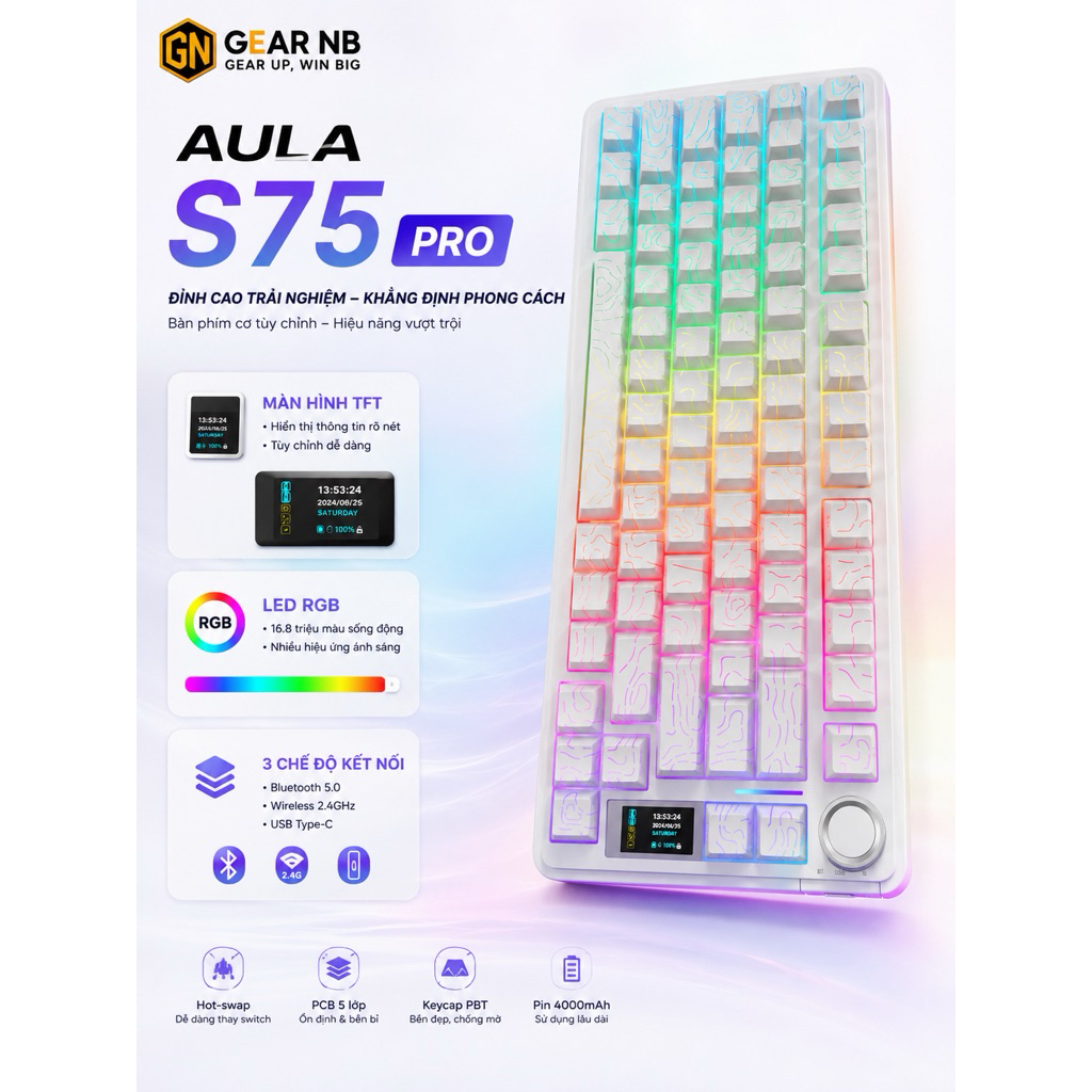 [Hoả Tốc] Bàn phím cơ không dây AULA S75 pro - Có màn led tùy chỉnh - LED RGB xuôi - 3 mode kết nối tiện lợi | BigBuy360 - bigbuy360.vn