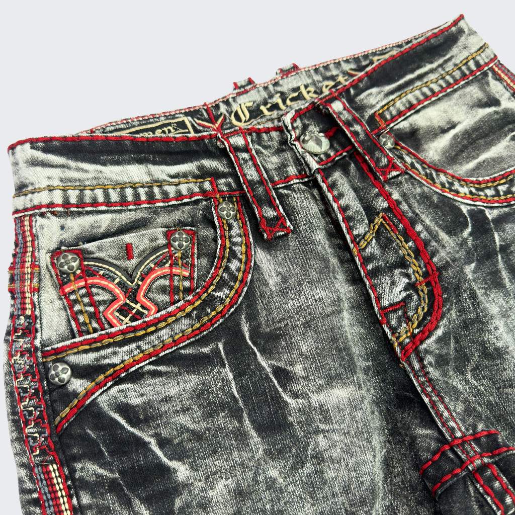 (COMBO ROCK VIP)Sơ Mi + Jeans Rock Dài Nam Thêu Họa Tiết Đắp Da Chỉ Nổi Sang Trọng Nút KIm Loại D1