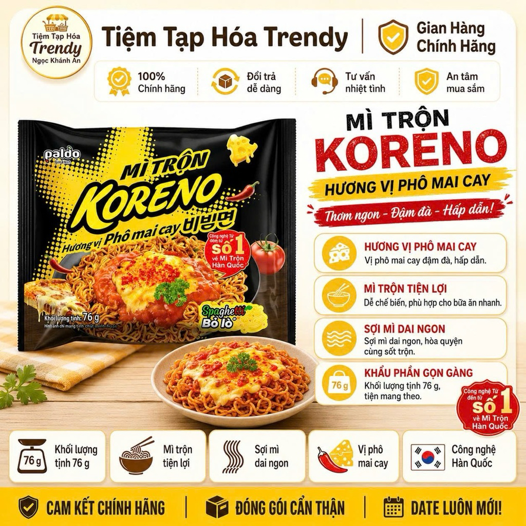 Mì Trộn Koreno Hương Vị Phô Mai Cay 76G Thùng 40 Gói- Cay Béo Đậm Đà, Sợi Mì Dai Ngon, Ăn Là Mê