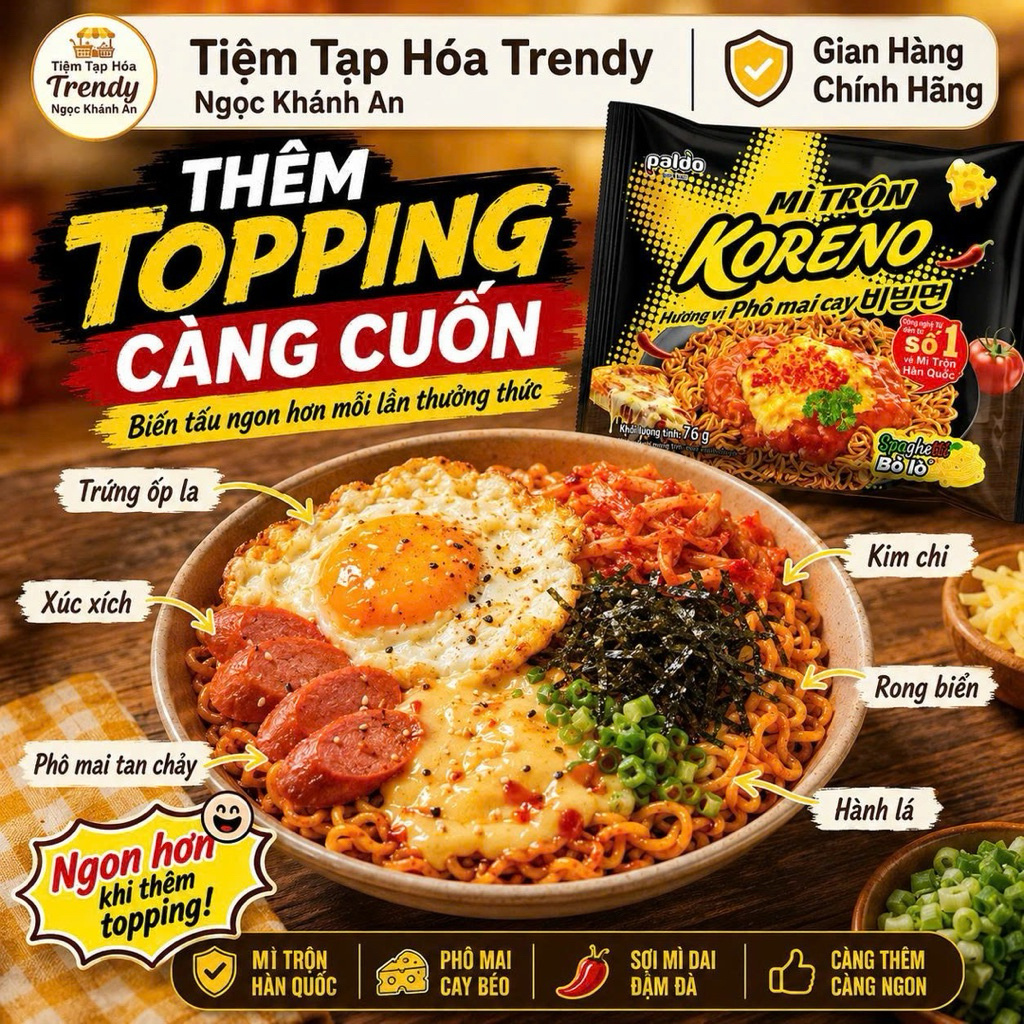 Mì Trộn Koreno Hương Vị Phô Mai Cay 76G Thùng 40 Gói- Cay Béo Đậm Đà, Sợi Mì Dai Ngon, Ăn Là Mê