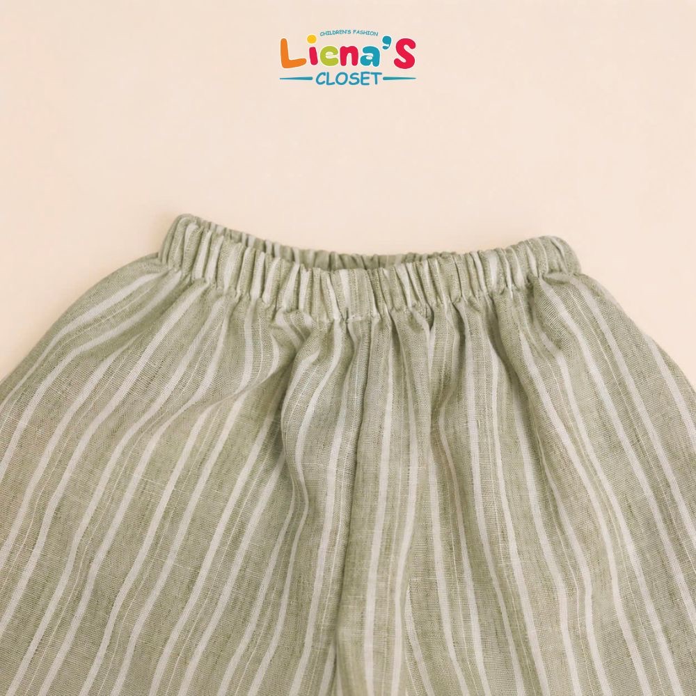 Bộ Quần Áo Dài Tay Bé Gái Hoạ Tiết Kẻ Sọc Phong Cách Hàn Quốc Vải Đũi Mềm Liena's Closet