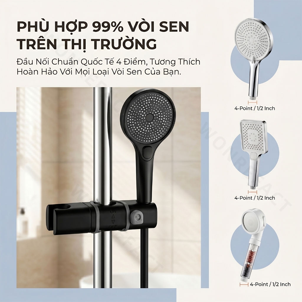 Giá Đỡ Vòi Sen Trượt Không Cần Tháo Dỡ Lắp Đặt 1 Giây Xoay 75 Độ Nhựa ABS Cao Cấp Phù Hợp Thanh Trượt Phi 20-25mm Đen