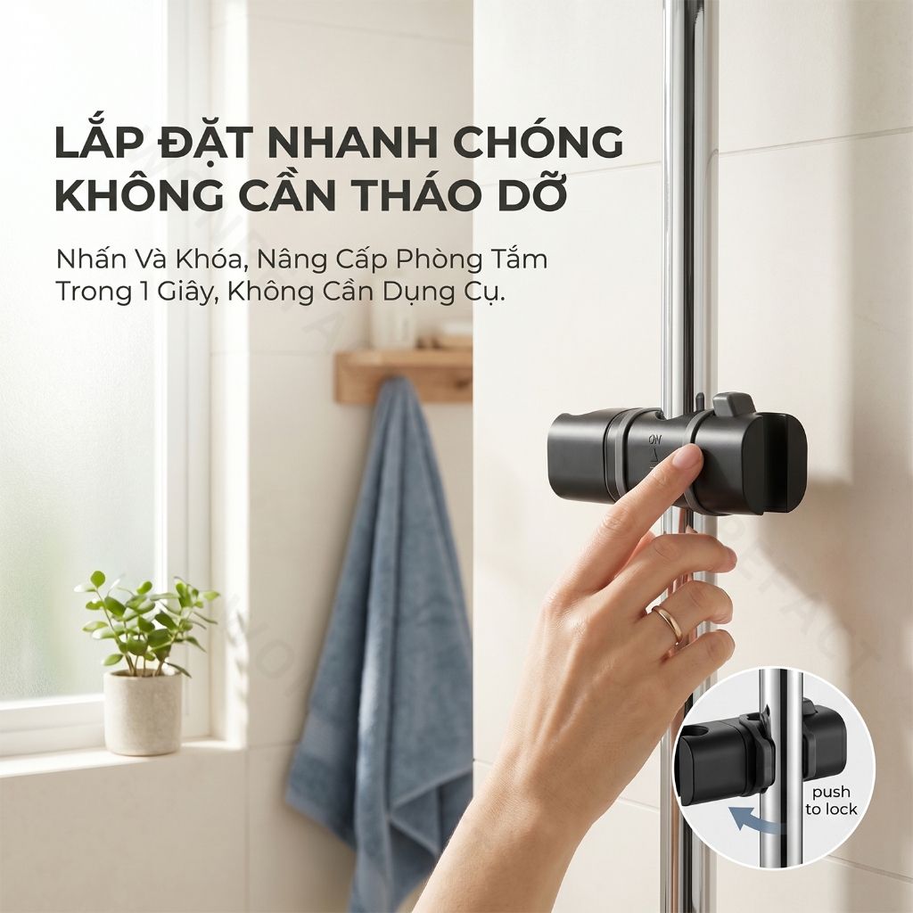 Giá Đỡ Vòi Sen Trượt Không Cần Tháo Dỡ Lắp Đặt 1 Giây Xoay 75 Độ Nhựa ABS Cao Cấp Phù Hợp Thanh Trượt Phi 20-25mm Đen