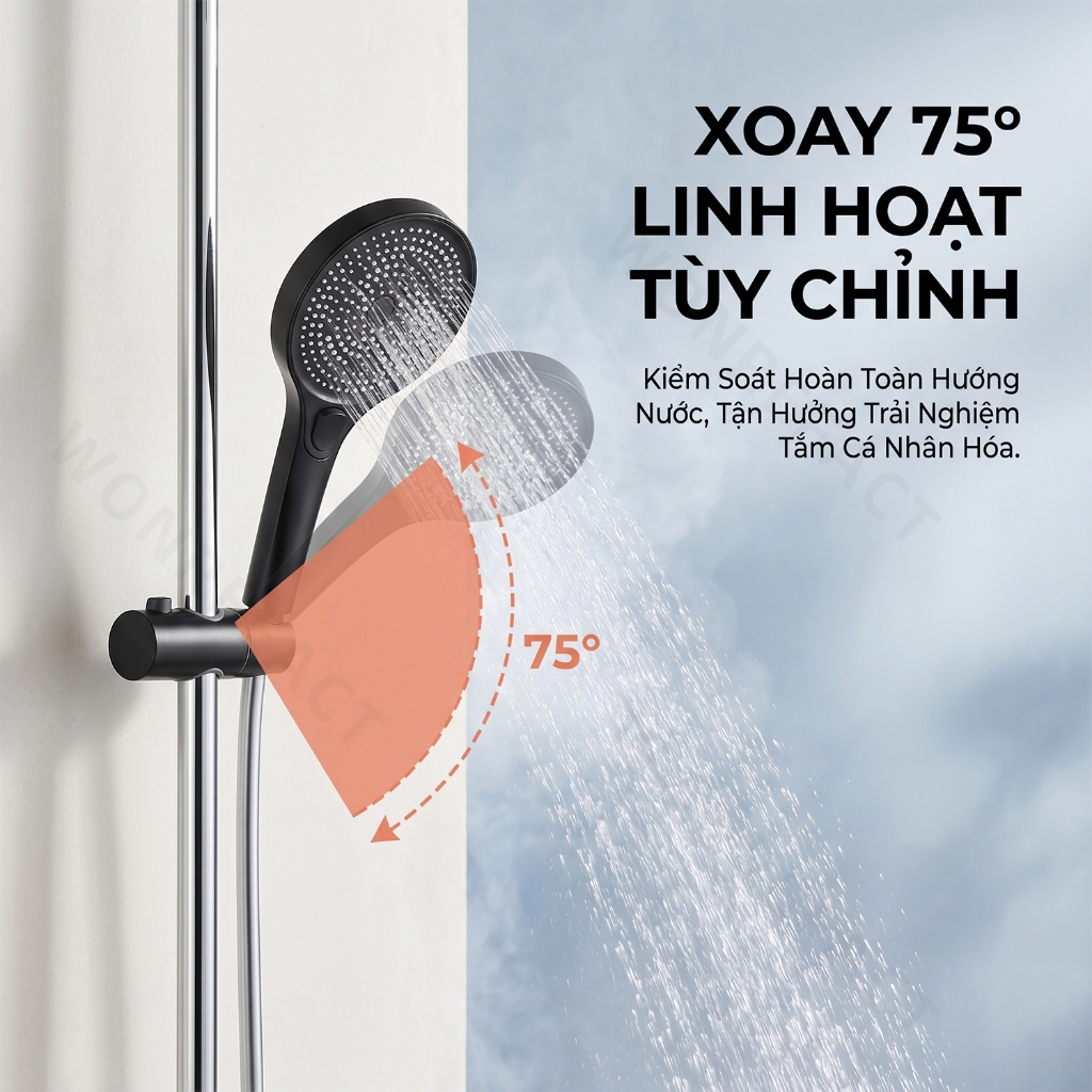 Giá Đỡ Vòi Sen Trượt Không Cần Tháo Dỡ Lắp Đặt 1 Giây Xoay 75 Độ Nhựa ABS Cao Cấp Phù Hợp Thanh Trượt Phi 20-25mm Đen