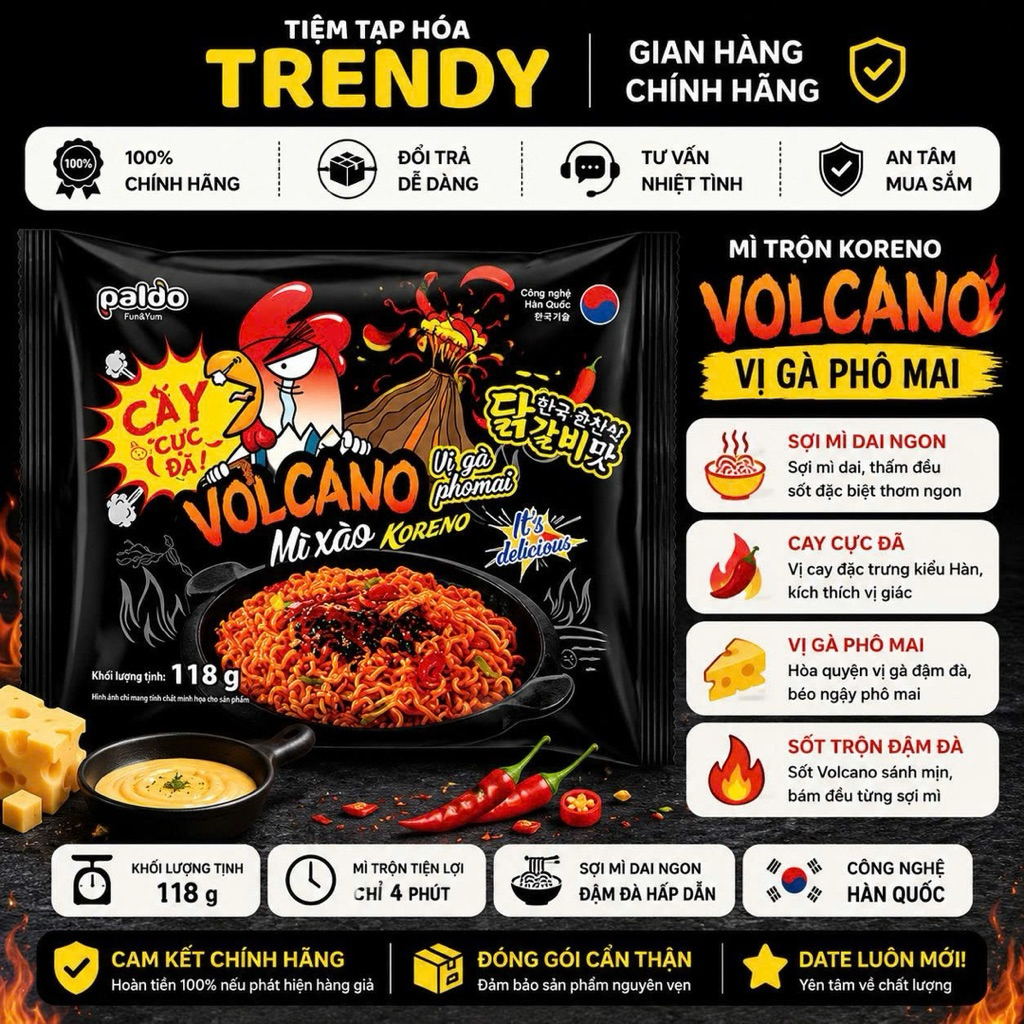 Mì Trộn Koreno Volcano Vị Gà Phô Mai 118G Thùng 24 Gói – Cay cực đã, ăn là mê