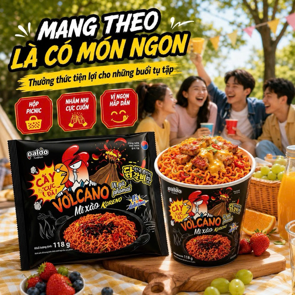 Mì Trộn Koreno Volcano Vị Gà Phô Mai 118G Thùng 24 Gói – Cay cực đã, ăn là mê
