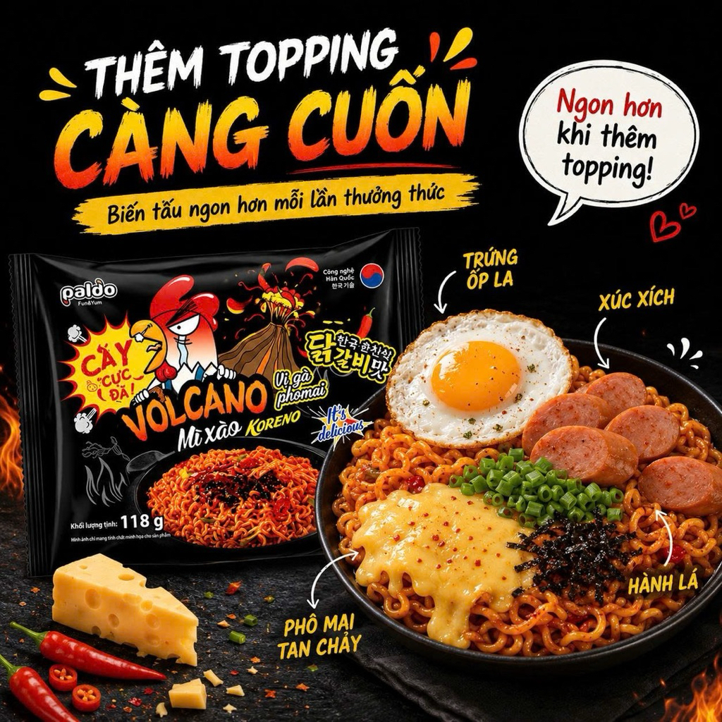 Mì Trộn Koreno Volcano Vị Gà Phô Mai 118G Thùng 24 Gói – Cay cực đã, ăn là mê
