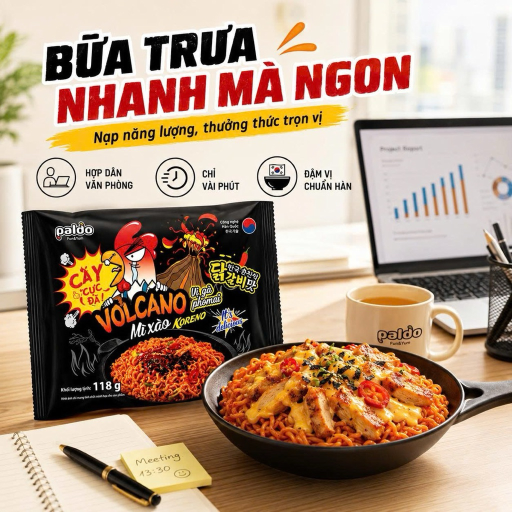 Mì Trộn Koreno Volcano Vị Gà Phô Mai 118G Thùng 24 Gói – Cay cực đã, ăn là mê