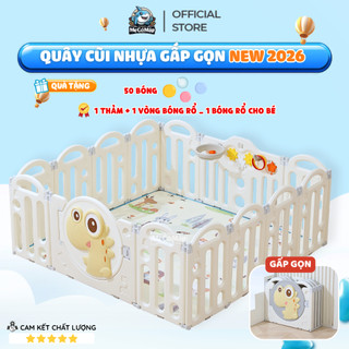 Quây Nhựa Cho Bé Cải Tiến 2 Đế Chắc Chắn Tặng Bóng- Thảm- Bóng rổ- Ném vòng, Quây Cũi Nhựa Gấp Gọn Khủng Long Nhiều Màu