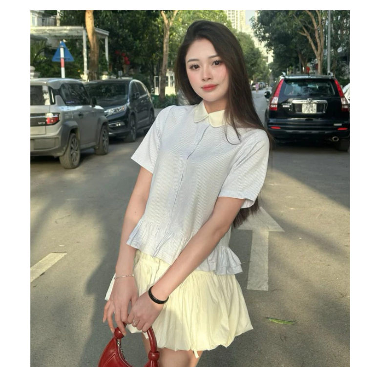 Áo Sơ Mi Nữ Kiểu Babydoll Cổ Sen Ngắn Tay Kẻ Sọc Oxford, Áo Sơ Mi Croptop Form Rộng Basic Phong Cách Hàn Quốc | BigBuy360 - bigbuy360.vn