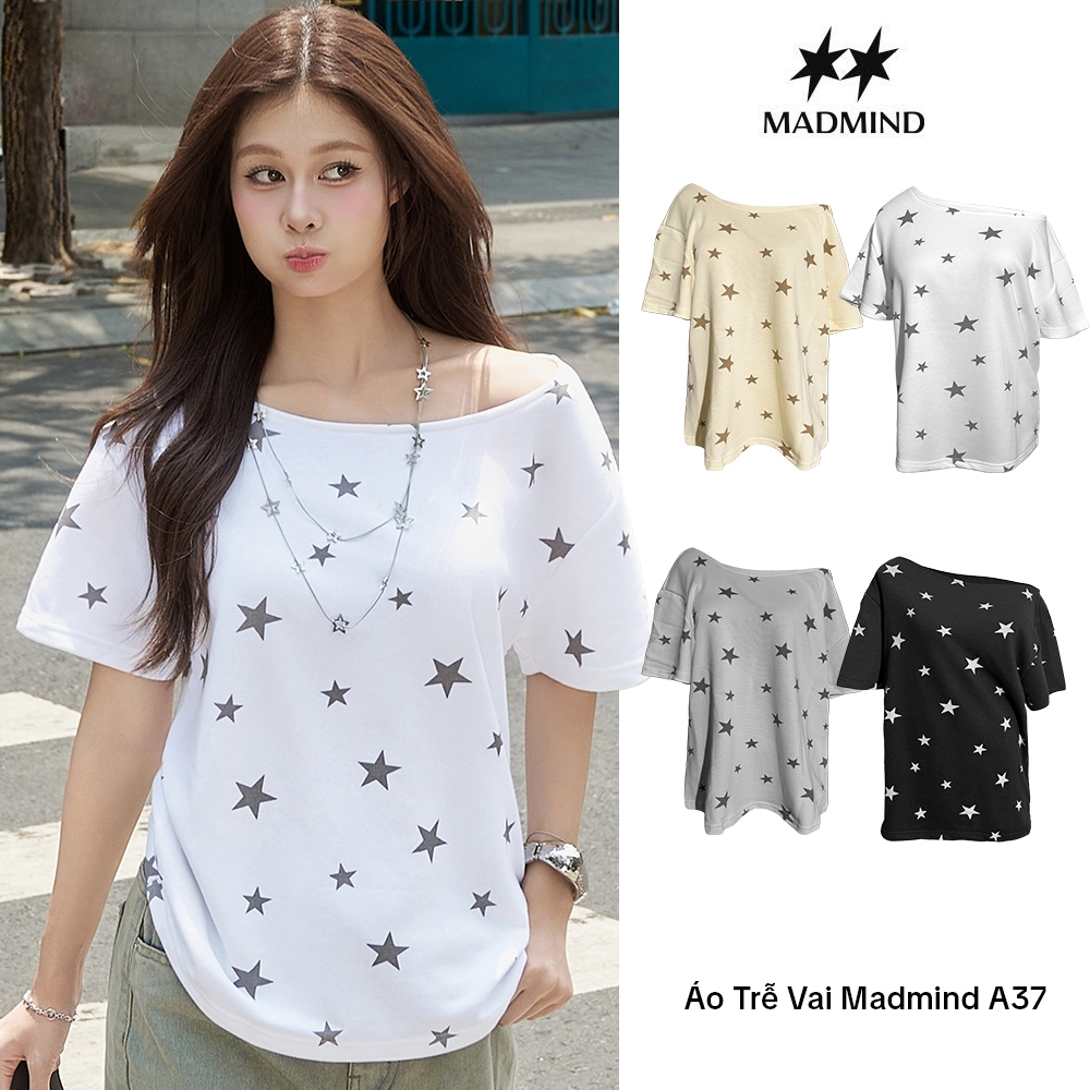 MADMIND Áo Nữ Chân Cua Trễ Vai Tay Ngắn Hoạ Tiết In Kiểu Vintage Ngôi Sao A37 - Áo Lệch Vai Màu Đen , Trắng , Xám , Vàng
