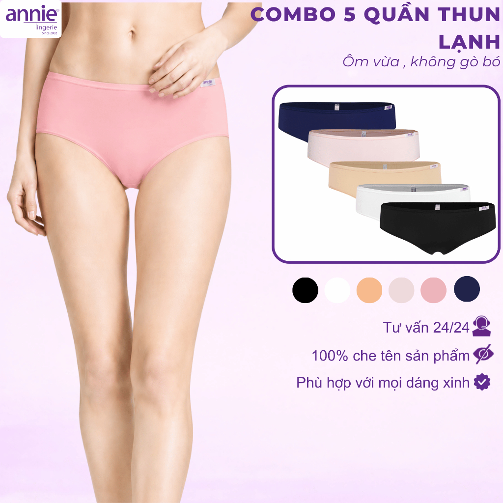 Combo 5 quần lót nữ trơn thun lạnh, lưng thấp cao cấp annie QE4534 ôm sát cơ thể, không cấn, mềm mịn