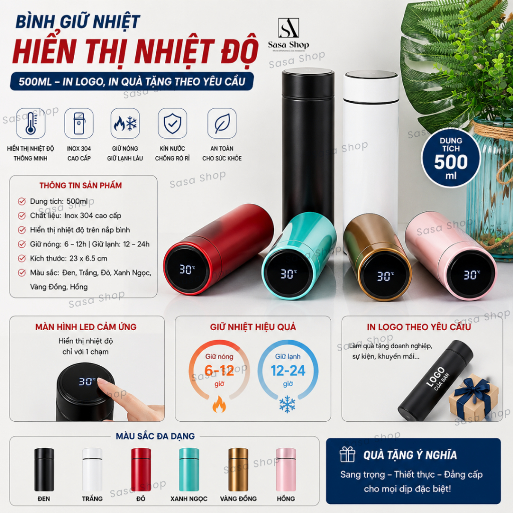 Bình giữ nhiệt hiển thị nhiệt độ 500ml - In logo, in quà tặng theo yêu cầu