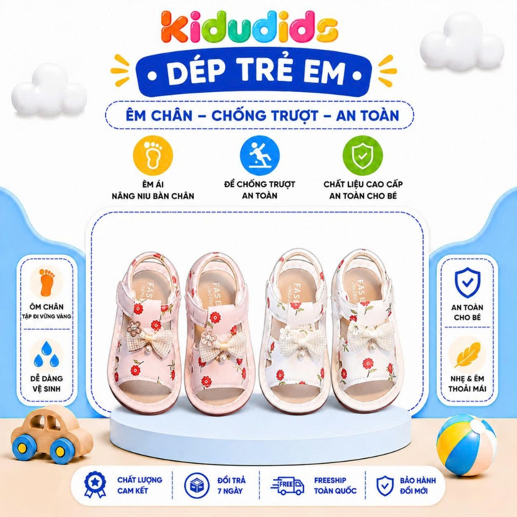 Dép Sandal Bé Gái Kidudids Dép Tập Đi Bé Gái Hoa Nơ Chống Trượt Êm Chân Size 16-20