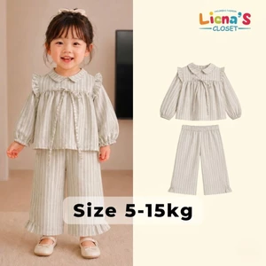Bộ Quần Áo Dài Tay Bé Gái Hoạ Tiết Kẻ Sọc Phong Cách Hàn Quốc Vải Đũi Mềm Liena's Closet