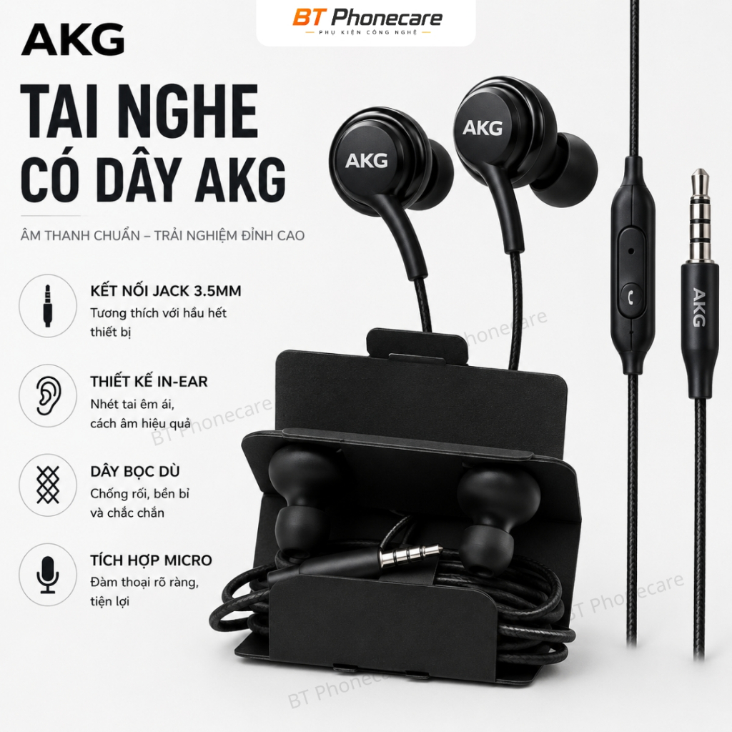 Tai Nghe AKG 3.5mm In-Ear Dây Bọc Dù Chống Rối Mic Rõ Âm Thanh Bass Mạnh Cho Laptop Điện Thoại