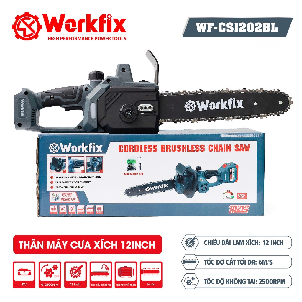 [CHÍNH HÃNG] Máy Cưa Xích 12in Workfix WF-CS1202BL Workfix Không Chổi Than-100% Lõi Đồng - Cưa Gỗ, Cắt Cây,...