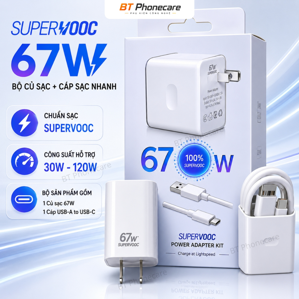 Bộ Sạc Nhanh SuperVOOC 67W Kèm Cáp USB Hỗ Trợ Sạc Nhanh Công Suất Cao