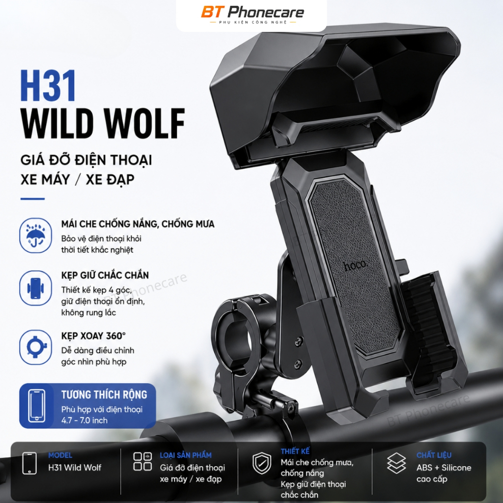 Giá Đỡ Điện Thoại Xe Máy HOCO H31 Wild Wolf Có Mái Che Chống Mưa Nắng Kẹp Chắc Chắn