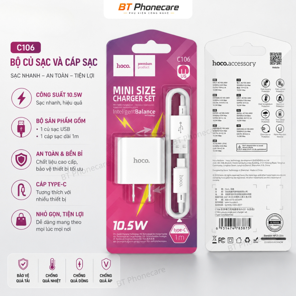 Bộ Sạc HOCO C106 10.5W Gồm Củ USB Và Cáp Sạc 1m Thiết Kế Nhỏ Gọn Dễ Mang Theo