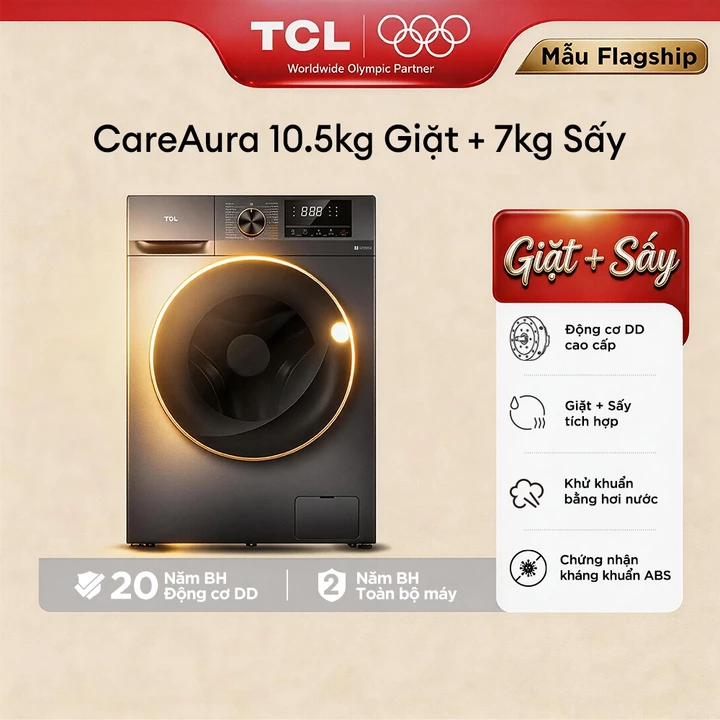 【Giặt sấy】TCL CareAura giặt 10.5kg + sấy 7kg, động cơ DD cao cấp, kháng khuẩn ABS, Lắp 0đ HCM HN, TWD105-P122DG