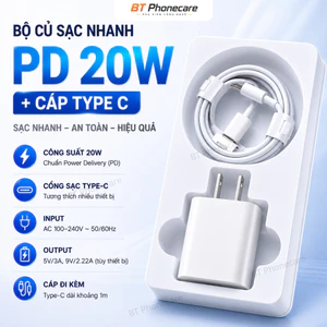 Bộ củ sạc nhanh PD 20W + cáp Type C, sạc 50% trong 30 phút, chip thông minh chống quá nhiệt