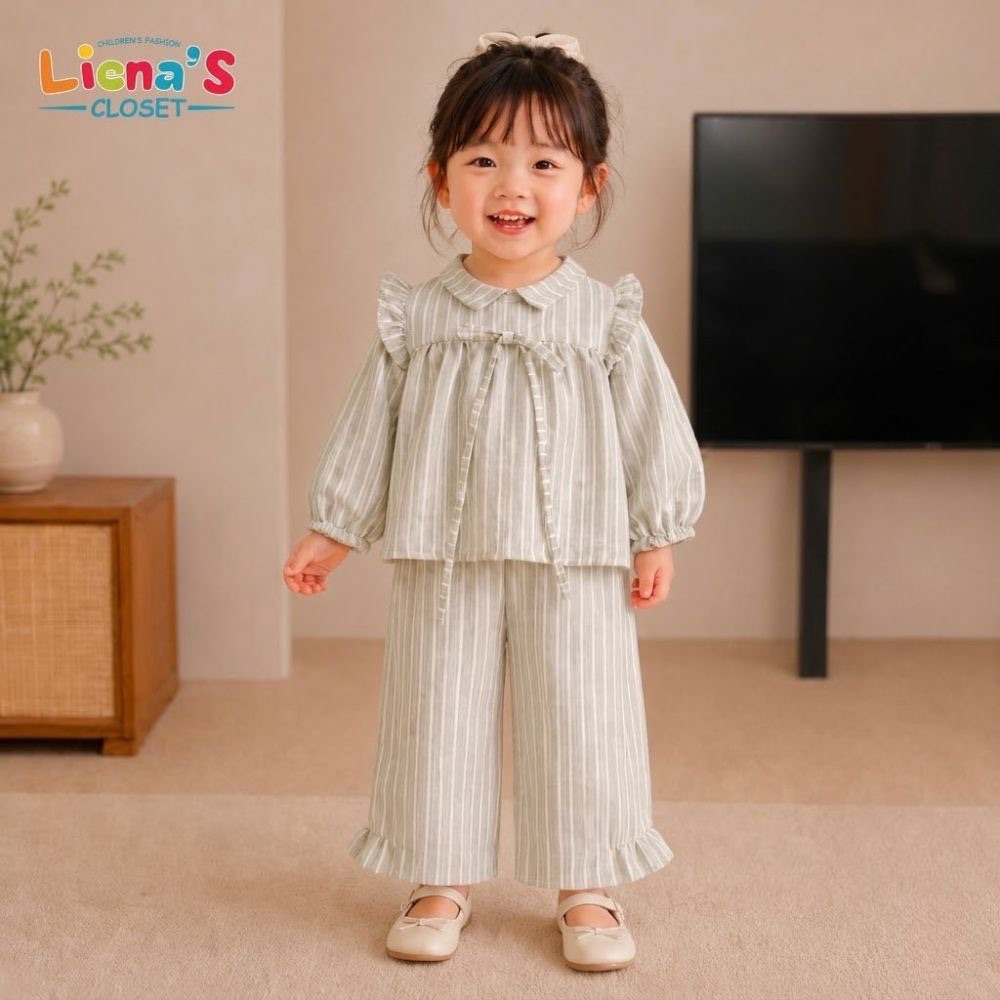 Bộ Quần Áo Dài Tay Bé Gái Hoạ Tiết Kẻ Sọc Phong Cách Hàn Quốc Vải Đũi Mềm Liena's Closet