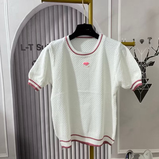 Áo len nữ cộc tay cổ tròn chạy viền len xốp free size hoạ tiết chữ thêu nổi bật mã 804