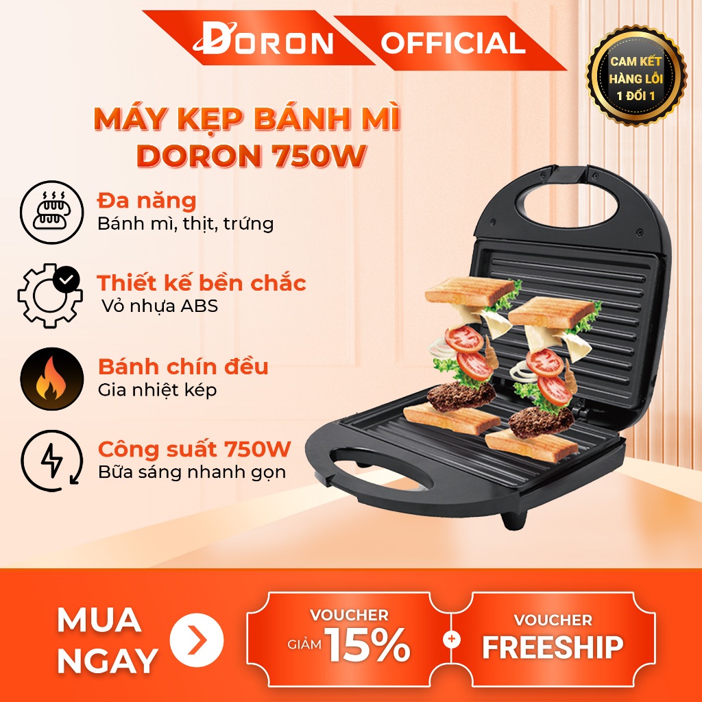 Máy nướng bánh mì DORON 750W làm nóng đều 2 mặt khuôn, bánh thơm ngon