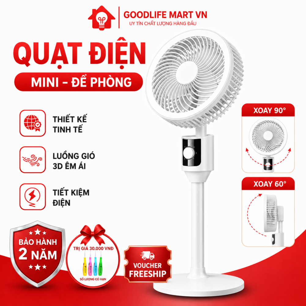 Quạt đứng đối lưu không khí, quạt đứng có xoay, tiết kiệm điện, tùy chỉnh chiều cao, bảo hành 3 năm