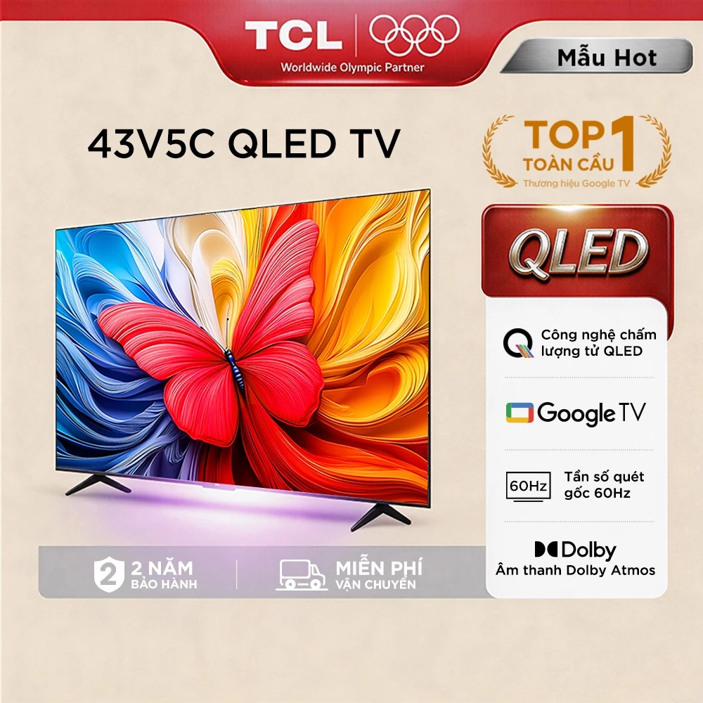 【QLED】TCL 43 inch QLED 43V5C, Google TV, Tần số quét 60Hz, Chứng nhận Dolby Atmos, Lắp 0đ HCM HN