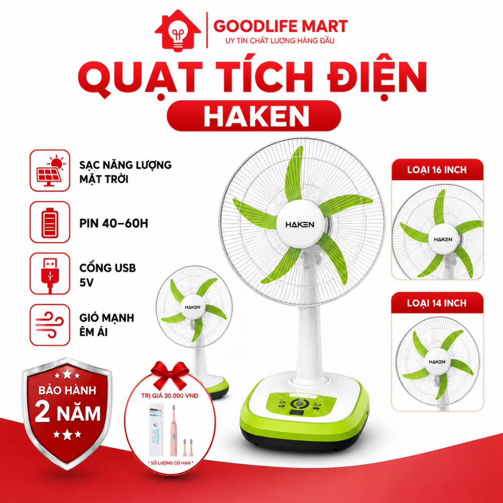 Quạt Sạc HAKEN 14-16 Inch | Dùng 40-60H | Sạc Điện + Năng Lượng Mặt Trời | Gió Mạnh Êm