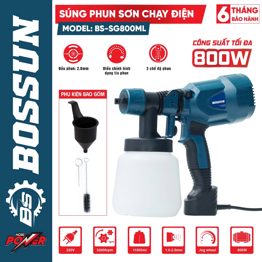 [CHÍNH HÃNG] Máy Phun Sơn Bossun BS-SG800ML - Lõi đồng 100% - Dung Tích 1100ml - Đầu 3 Chia