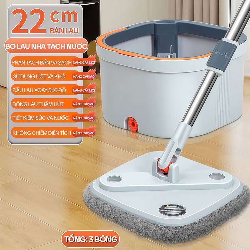 Cây Lau Nhà Tách Nước Bẩn KITIMOP PRO N08, Thùng Lau Nhà Tự Vắt Thông Minh, Chổi Lau Nhà Xoay 360 Độ