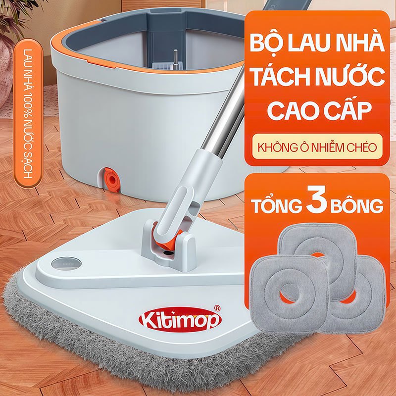 Cây Lau Nhà Tách Nước Bẩn KITIMOP PRO N08, Thùng Lau Nhà Tự Vắt Thông Minh, Chổi Lau Nhà Xoay 360 Độ