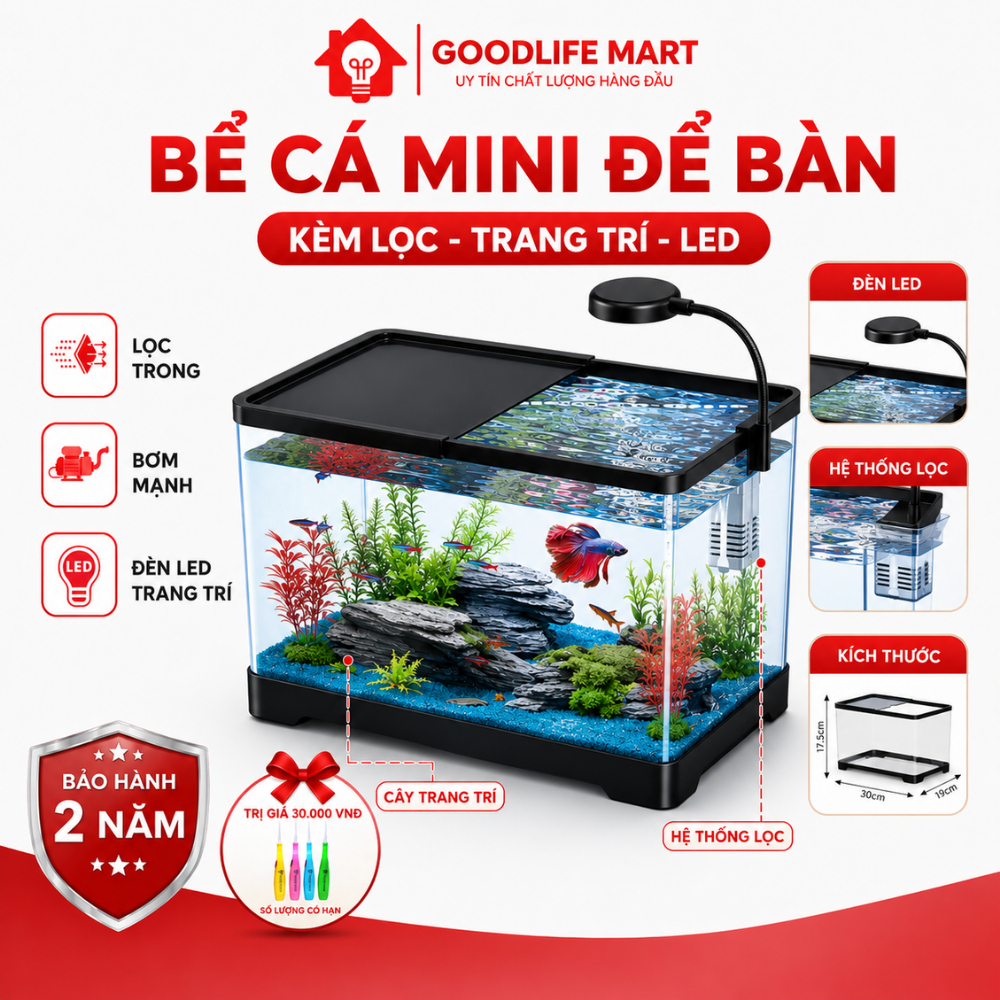 Bể cá mini nhựa acrylic siêu trong phụ kiện bao gồm có đèn led và máy lọc tiện lợi dễ sử dụng