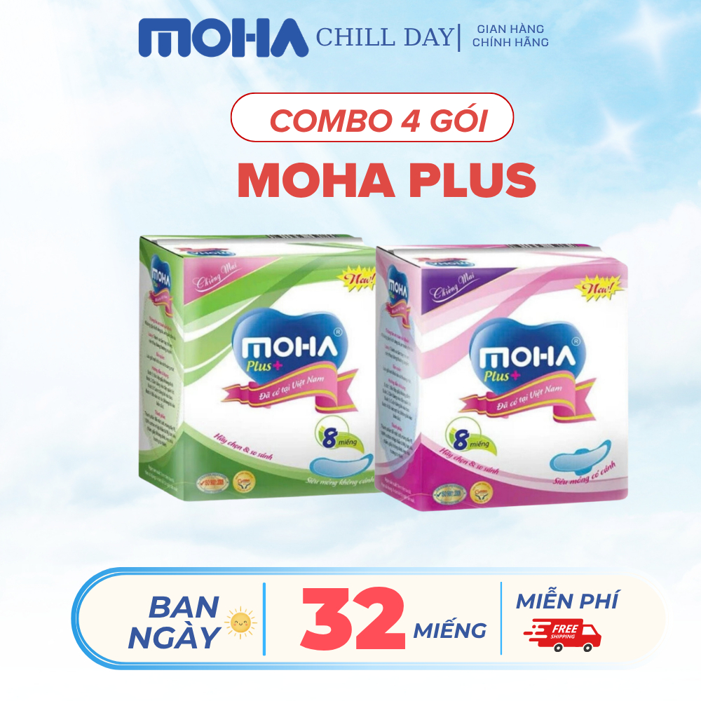 COMBO 4 GÓI  băng vệ sinh MOHA Plus loại ban ngày có cánh và không cánh, hộp 8 miếng an toàn cho da